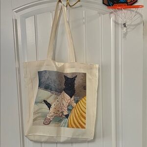 Canvas Tote Bag with Black Cat Illustration - Cream